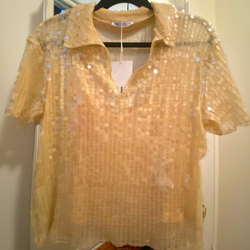Zara: Sequins short sleeve blouse
